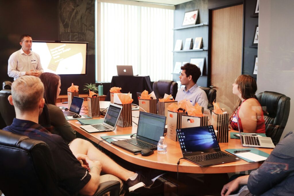 A leadership presentation in a boardroom